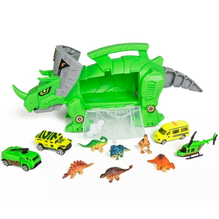 Best Choice Products Kids Triceratops Car-Carrier Set w/ Handle, Wheels, 4 Vehicles, 6 (Best App To Track Kids)