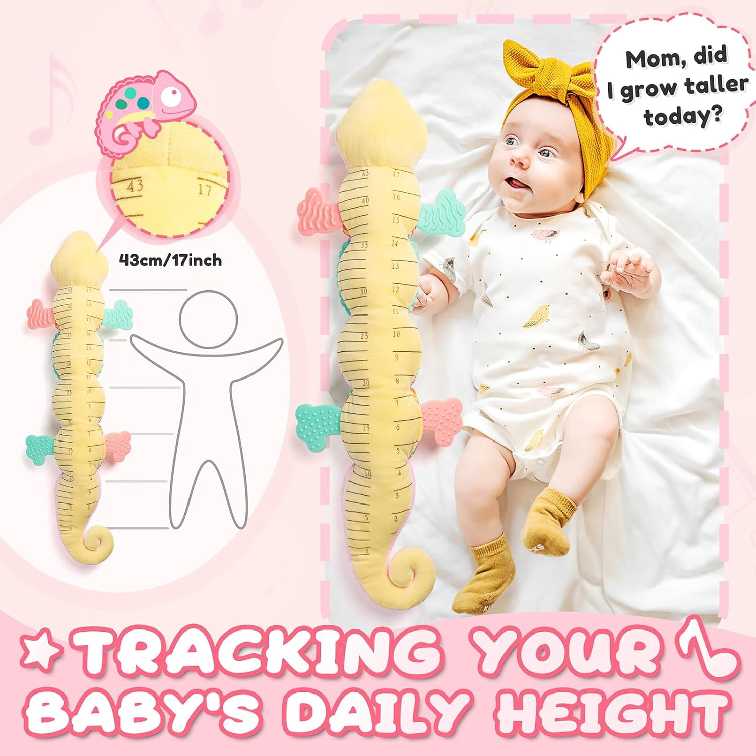 Musical Stuffed Plush Toy with Teether, Rattle & Height Ruler,Baby Sensory Toy for Newborns 0-12 Months, Pink