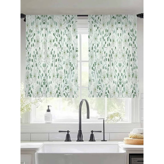 Green Botanical Sheer Curtains for Living Room Bedroom Vintage Watercolor Spring Floral Sheer Curtains 45 Inch Long 2 Panels Set Light Filtering Curtain Window Treatments Drapes for Dining Room