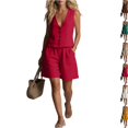 thumbnail image 2 of Women's Linen 2 Piece Outfit, Sleeveless V-Neck Button Vest Top & Elastic Waist Shorts Set with Pockets, Casual Summer Loungewear, Loose Fit,Red,S, 2 of 8