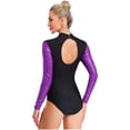 thumbnail image 5 of Hansber Women Rhythmic Gymnastic Leotard Sequin Figure Bodysuit Cutout Back Ballerina Dance Outfits Purple M, 5 of 6