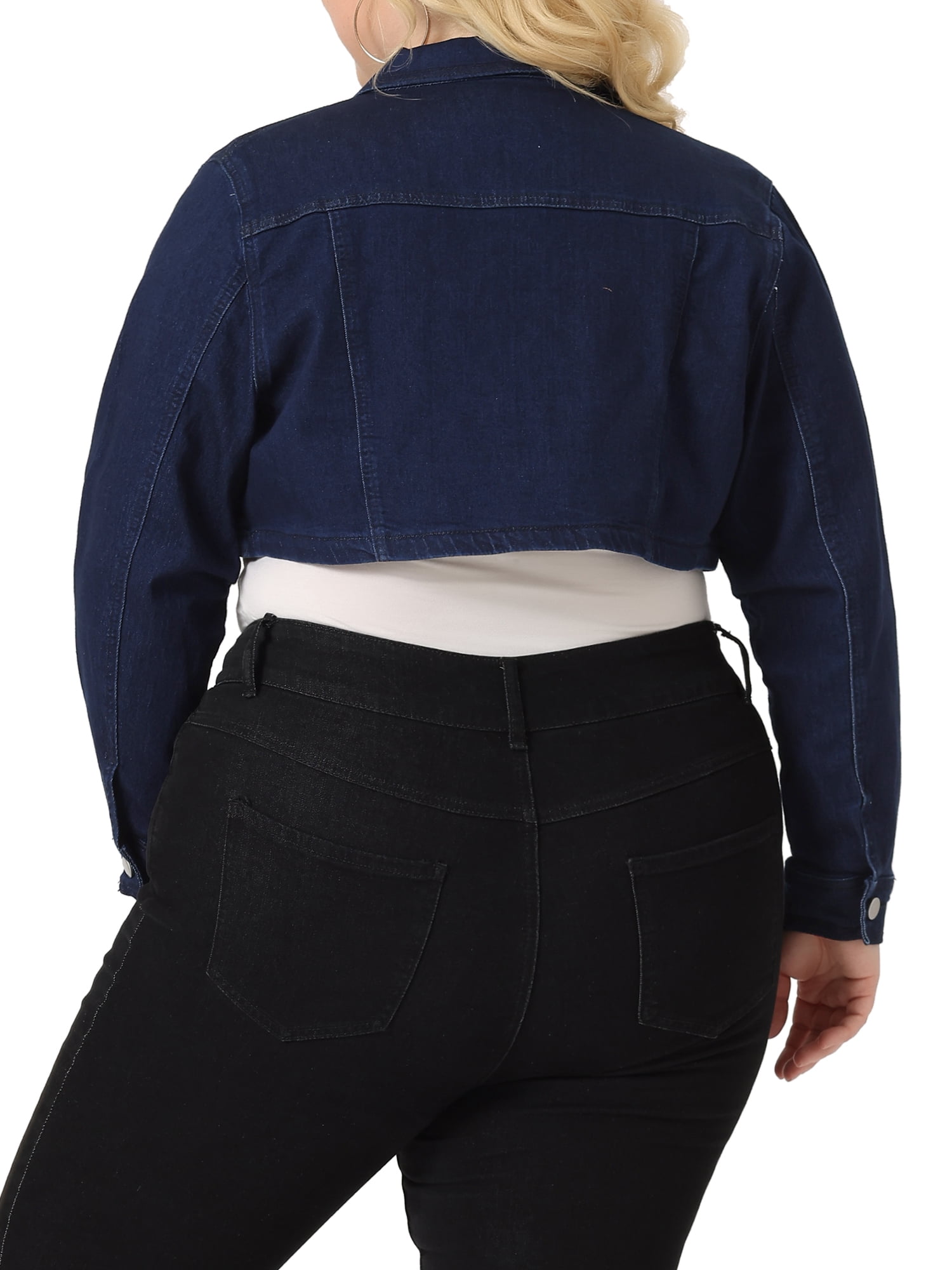 Unique Bargains Women's Plus Size Washed Notched Lapel Cropped Denim Jacket 1X Black Blue