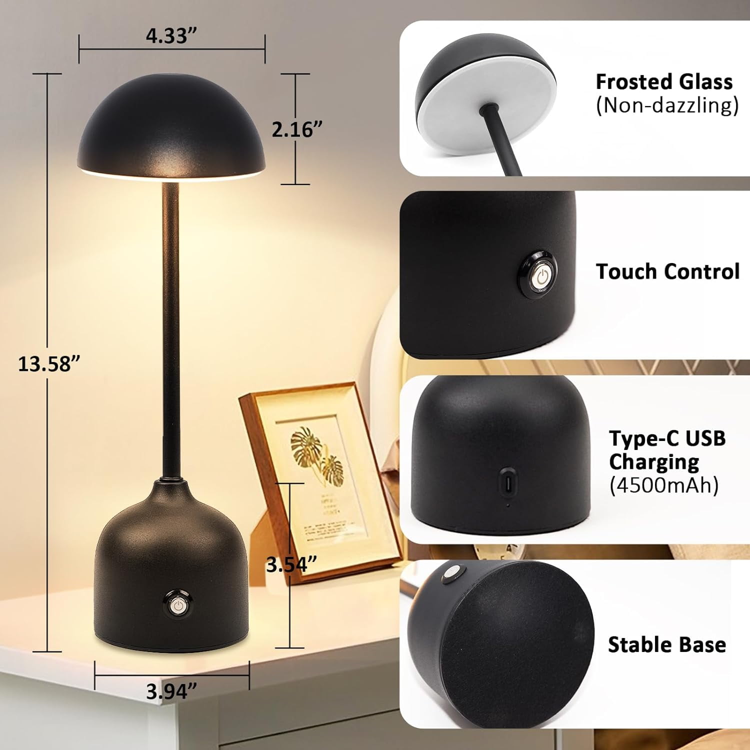 Yoobao 1 Pack Portable LED Cordless Table Lamp Light Rechargeable, 4500mAh Battery Operated Desk Lamp, 3-Color Stepless Dimmable Bedside Touch Lamps for Living Room Bedroom Nightstand Home