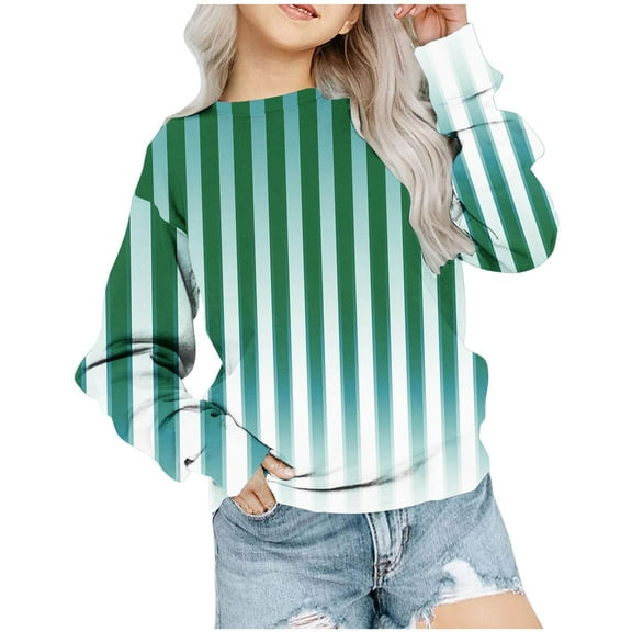 Girls Long Sleeve Loose Pull on Tops New Oversized Sweatshirt for Kids Girls Trendy Striped Long Sleeve Crewneck Pullover Tops Fall Winter Clothes Green 5 Years