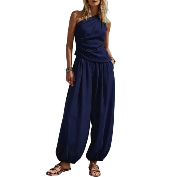 Khunlpohl Womens 2 Piece Sets One Shoulder Sleeveless Pleated Tops and Elastic Waisted Tapered Loose Pants Fashion Casual Beach Vacation Set
