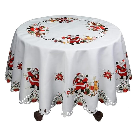 Christmas Tablecloth Round 68 Inch with 8 Napkins - Embroidered Santa Reindeer Poinsettia - White Winter Holiday Table Linen for Festive Dining