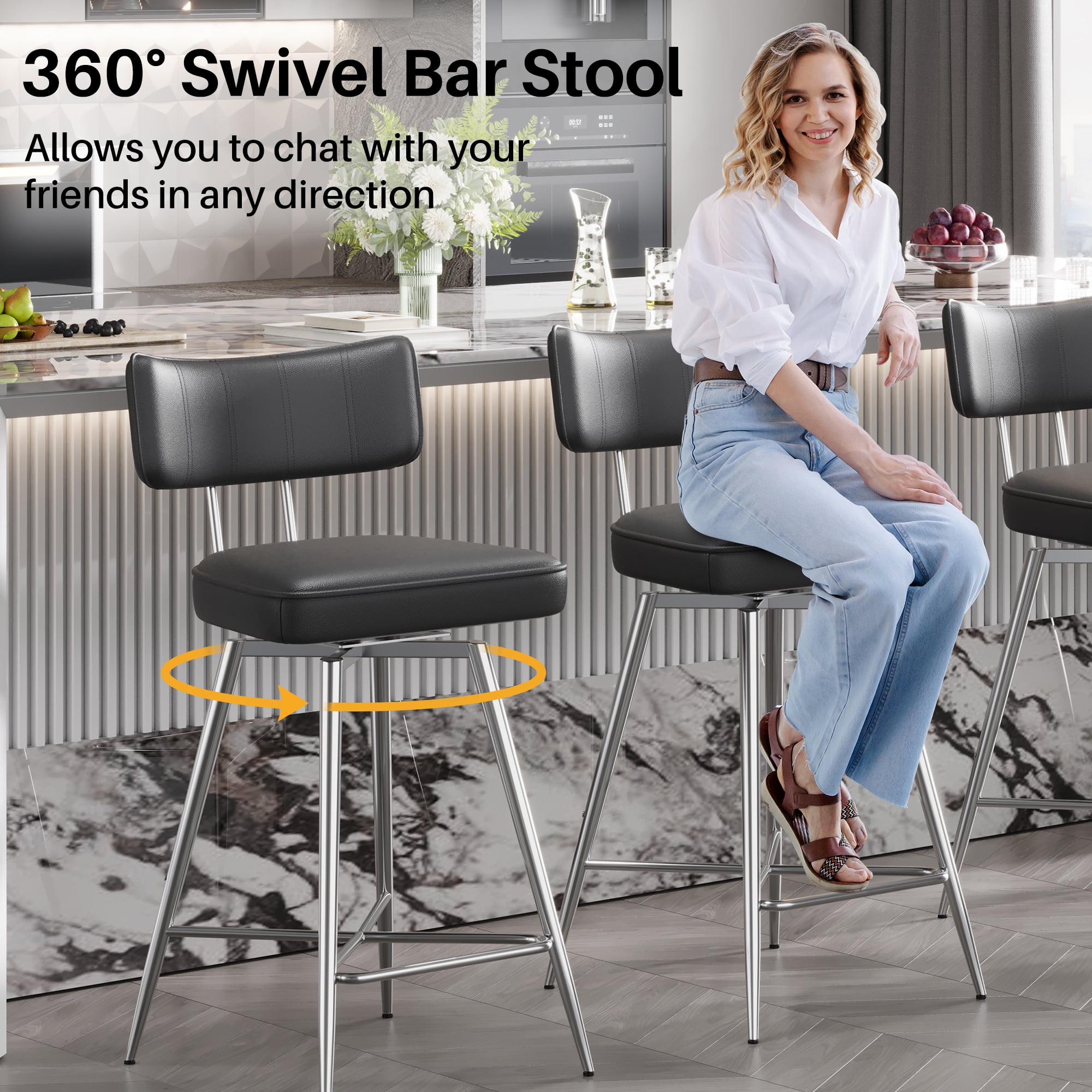 Ninecer Bar Stools Set of 3, Kitchen Counter stools with Backs and Metal Legs, 26" Black Leather Swivel Barstools for Counter Height