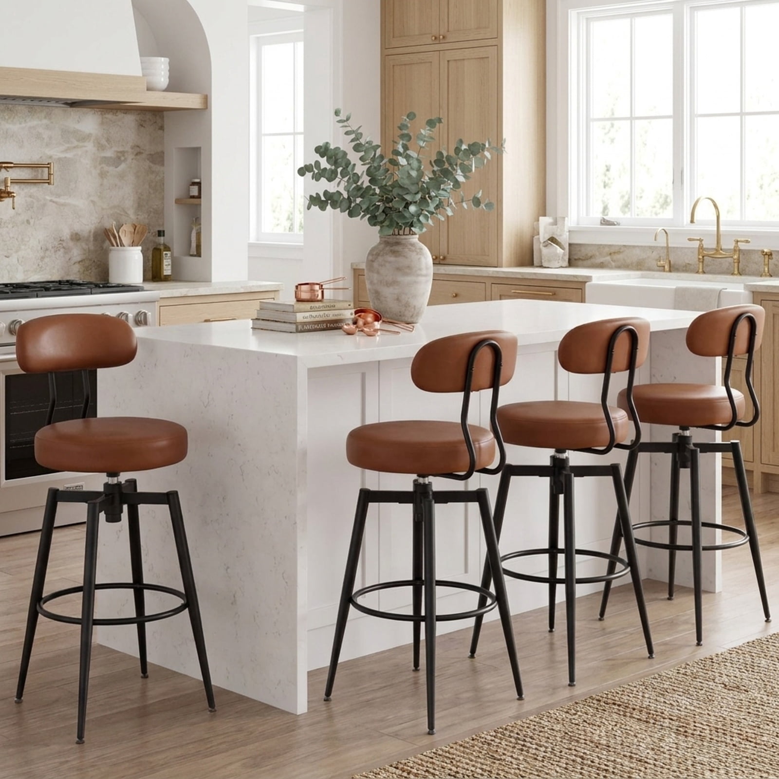 Furnibear Set of 2 Swivel Barstools Faux Leather with Upholstered Seat and Back for Kitchen Island Counter Bar Pub Dining Home, Brown