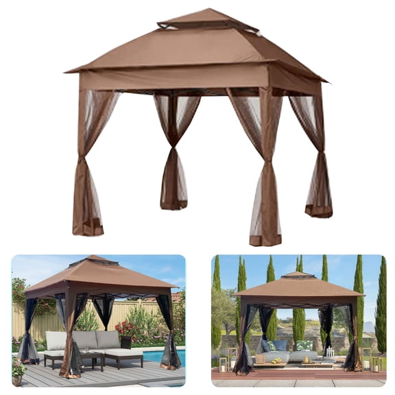 SDJPOI Outdoor 11x 11Ft Pop Up Gazebo Canopy With Removable Zipper Netting, 2-Tier Soft Top Event Tent,Suitable For Patio Backyard Garden Camping Area with 4 Sandbags （Brown）