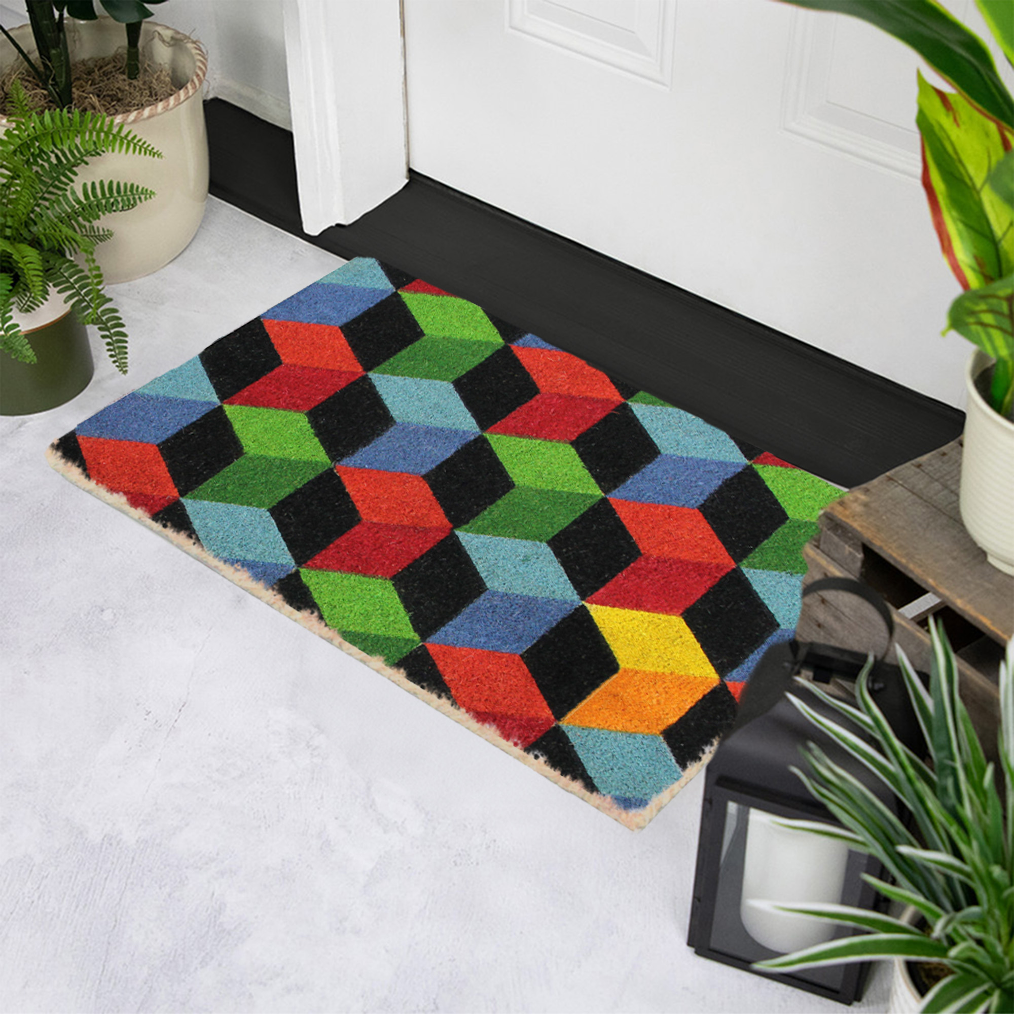 Multi-Color Cube Coir Outdoor Rectangular Door Mat 29.5" x 18"