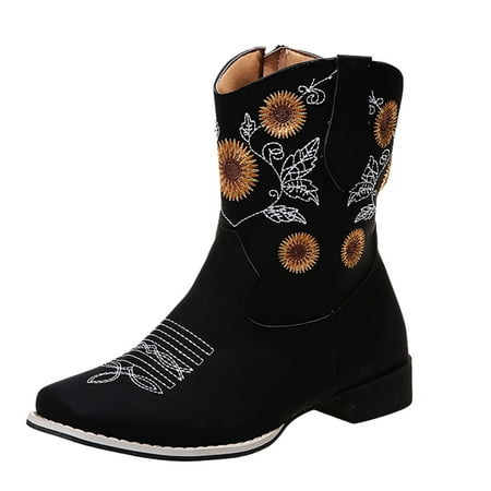 

Mackneog Ankle Heel Boots Style Large Toe Size Embroidered Ethnic Women s Boots Gift on Clearance
