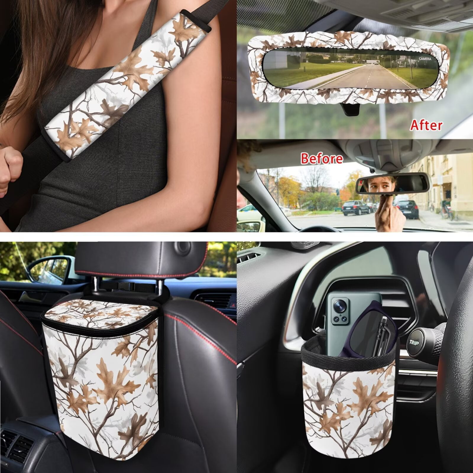 Uorisanigo Camo Hunting Forest Set of 15 Car Seat Covers Full Set with Steering Wheel Cover Seat Belt Pad Car Trash Car Hanging Air Vent Storage Box Rearview Mirror Cover Cup Coasters Keychain Decor