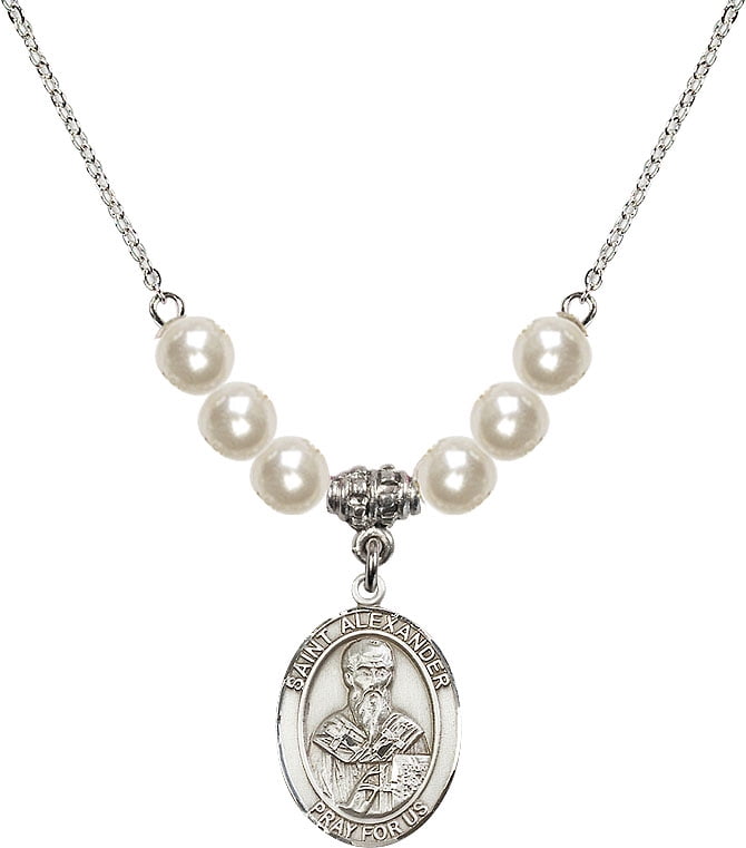 18-Inch Rhodium Plated Necklace with 6mm Faux-Pearl Beads and Sterling Silver Saint Alexander Sauli Charm.