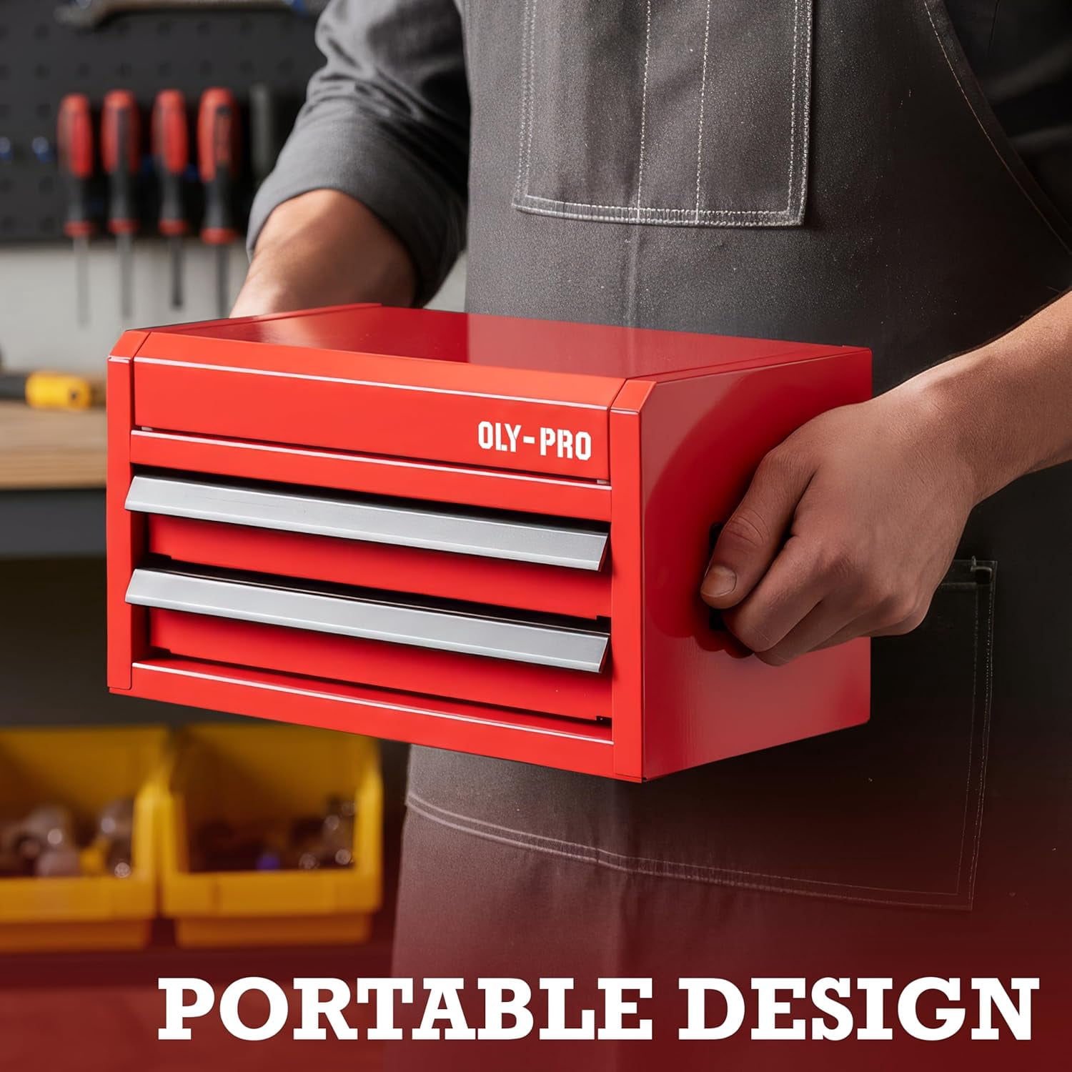 OLY-PRO Mini Tool Box With Drawers, Steel Tool Storage Cabinet with Top Organizer and Ball-Bearing Slides, Portable  Small Toolbox for Garage,  Red