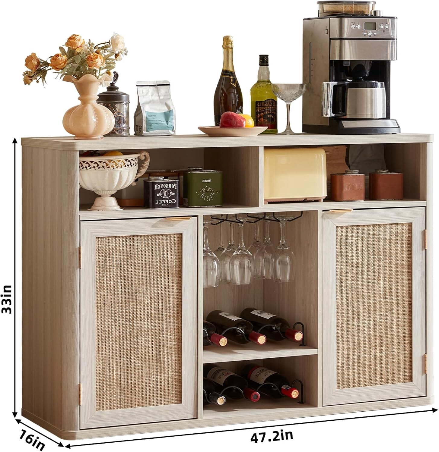 Joaxswe 47.2" Sideboards Buffets Cabinets with Doors, Boho Rattan Kitchen Storage Cabinets with Adjustable Shelves, Coffee Bar Station in Grey White