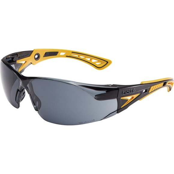 Bollé Safety 40244, Rush+ Safety Glasses Platinum®, Yellow & Black Frame, Smoke Lenses