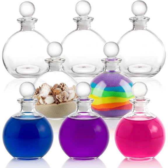 8 Pack Spherical Glass Bottles, 8 Oz Round Bottle with Stopper, Glass Sphere Jar Reusable Refillable Bottles for Sand Costume Props DIY Crafts