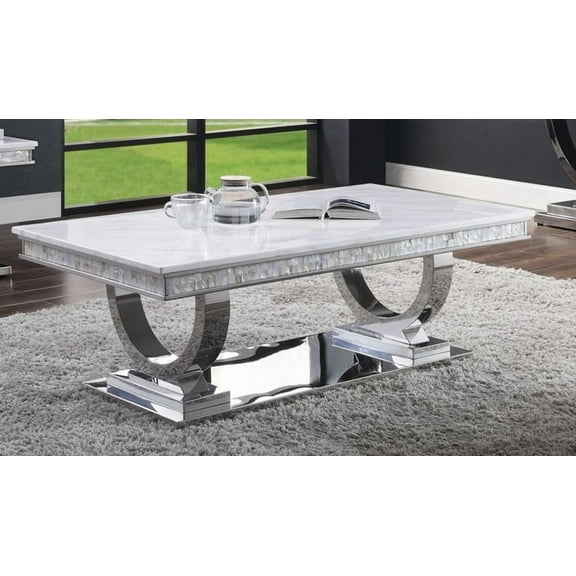 Zander White Printed Faux Marble Top & Mirrored Silver Finish Modern Coffee Table for Living Room