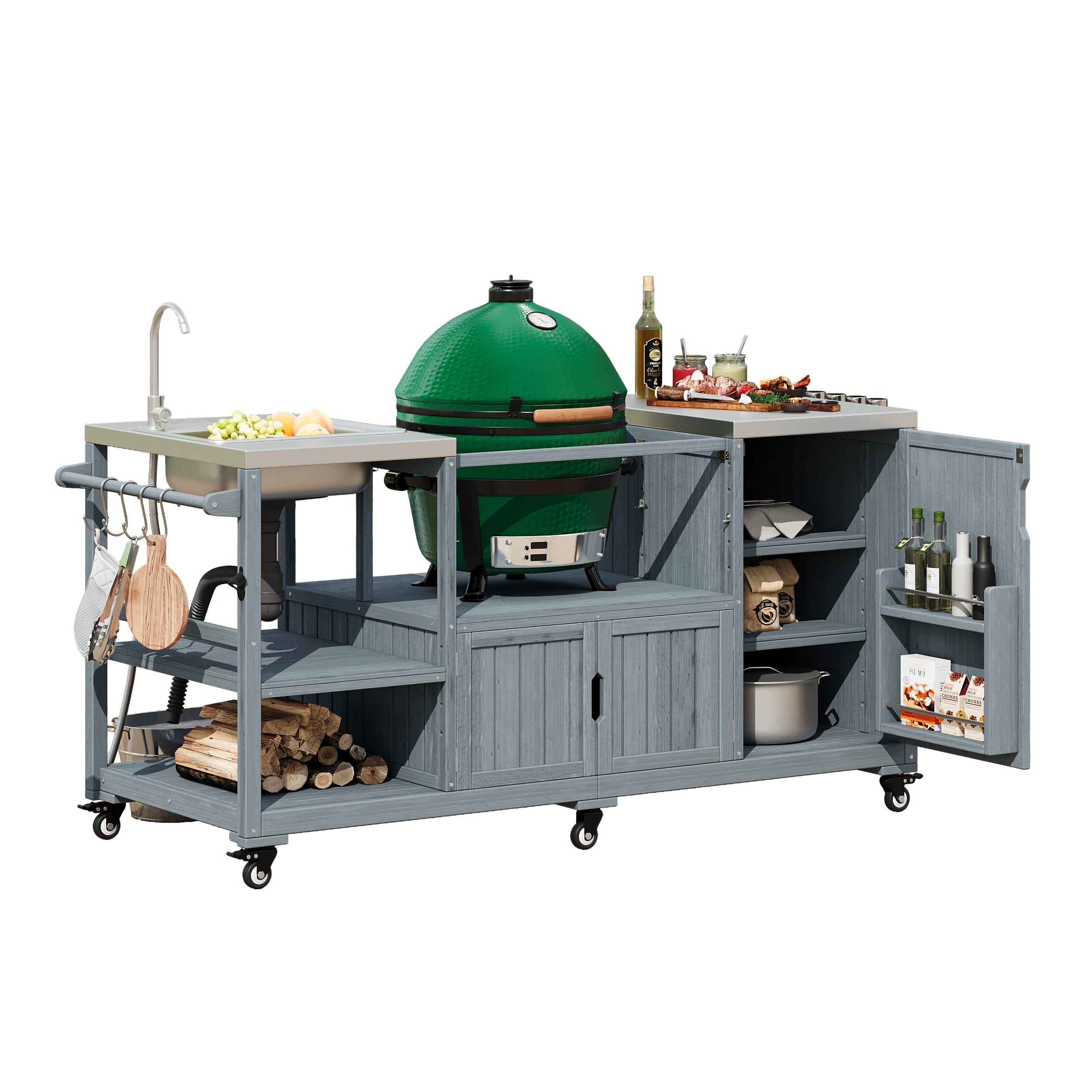 Euroco 75.4" Outdoor Kitchen Island with Sink, Solid Wood Outdoor Grill Cart for Big Green Egg Grills, Rolling Outdoor Bar Cart with Stainless Steel Top, for Pizza Prep & BBQ