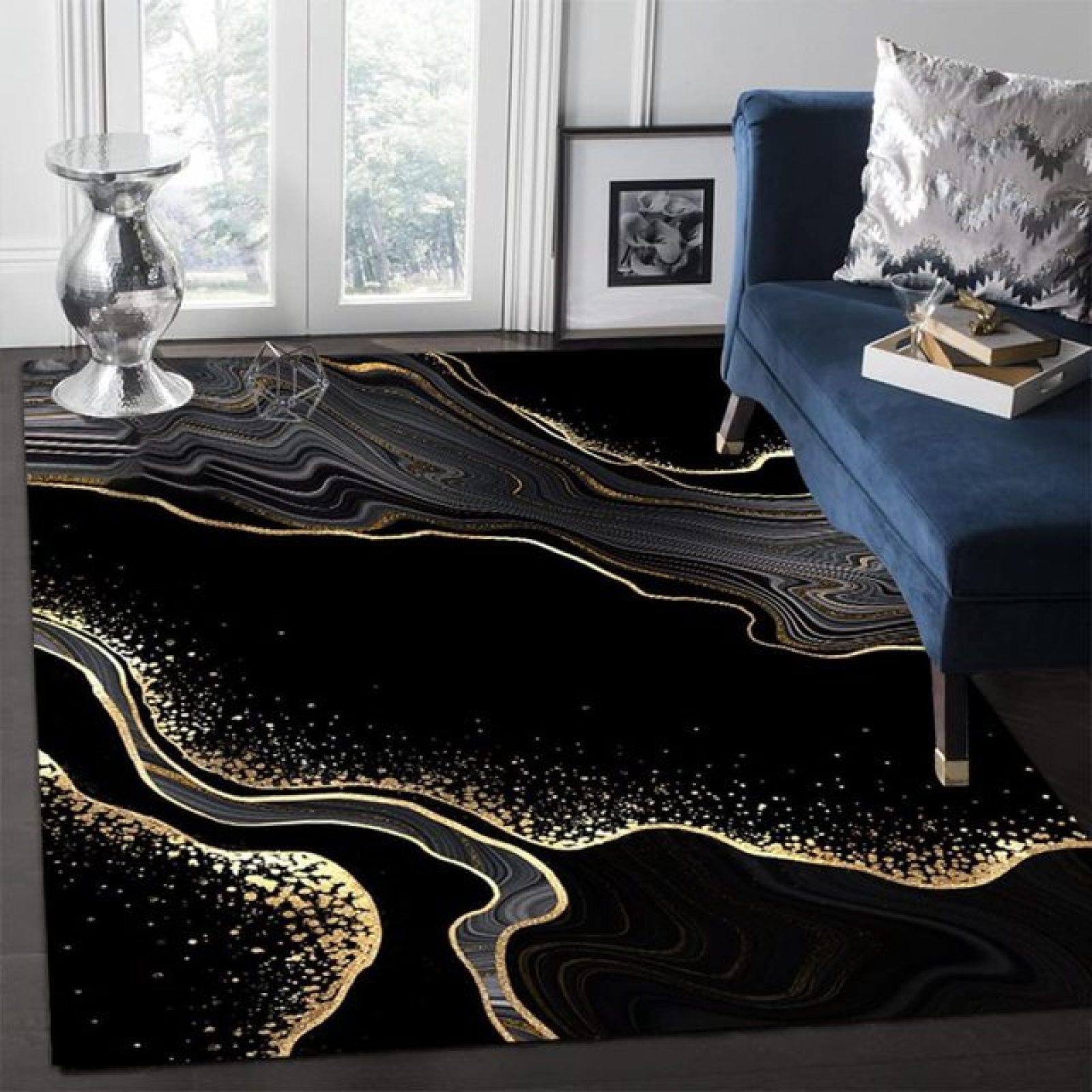 Modern Abstract Black Gold Area Rugs Marble Striped Rug For Living Room Bedroom Dining Carpets