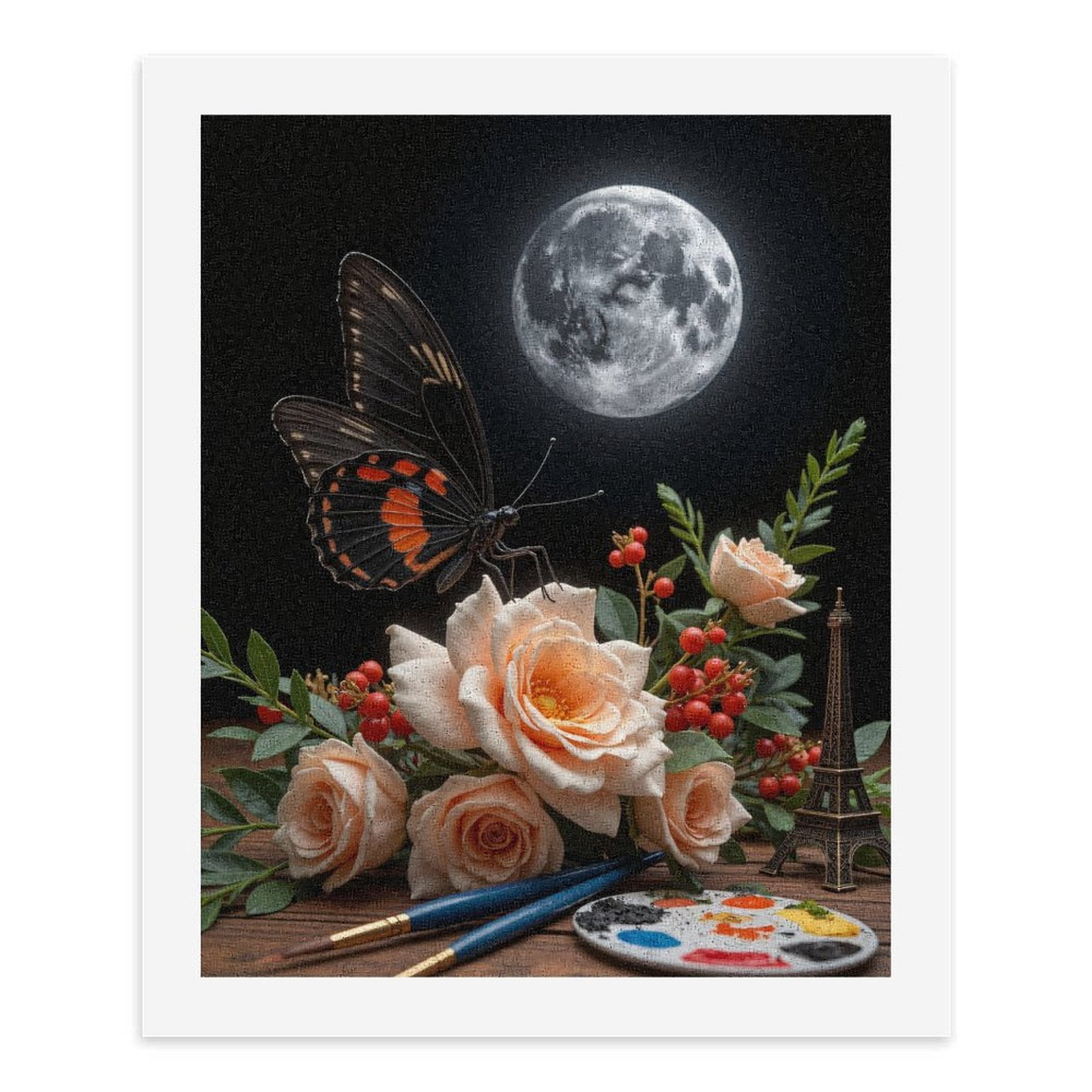 Paint By Numbers Kit for Adults Beginner - Moonlit Butterfly Rose Eiffel Art DIY Canvas Painting Kits for Adults, Frameless Paint By Number for Adults for Home Wall Decor 16x20 Inch
