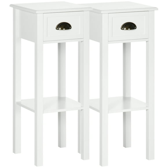 HOMCOM Side Table Set of 2, Narrow Tall End Table with Drawer and Shelf