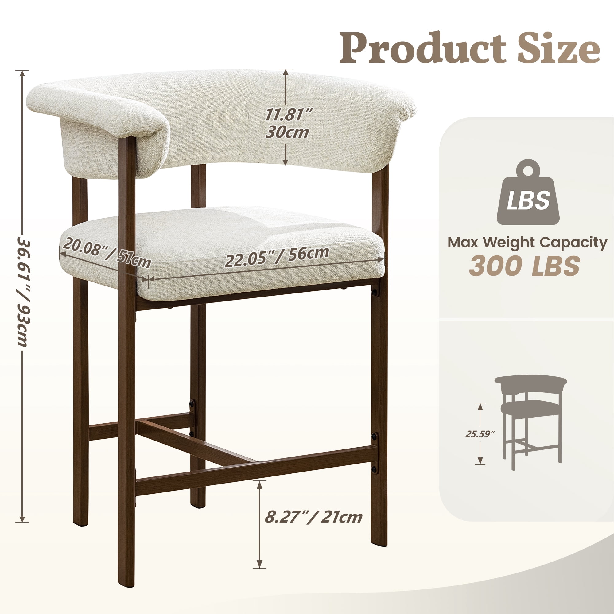 COOLHUT 26" Barrel Bar Stool, Counter Height Bar Stool with Linen Fabric, Upholstered Barstools for Kitchen Island or Home Bar, 1 Piece, Beige