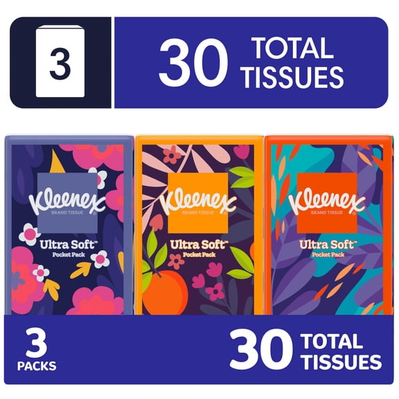 Kleenex On-The-Go Facial Tissues, 3 On-The-Go Packs, 10 Tissues per Pack, 3-Ply