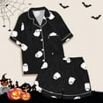 thumbnail image 4 of YOUSNH Ensemble de Pyjama pour Enfants, Haut à Manches Courtes Imprimé avec Col à Boutons et Short, Pyjama d'Halloween pour Enfants, Bleu Foncé, 2-3 Ans, 4 of 5