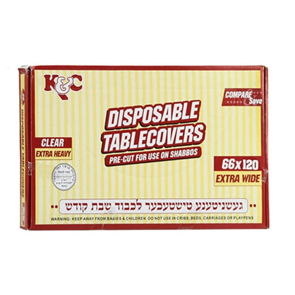 VeZee's K&C Disposable Clear Extra Heavy Table Cover or Cover Protector: Pre Cut for use on Shabbos, Great for All Occasions (66x120 - 12 Count): 12CT