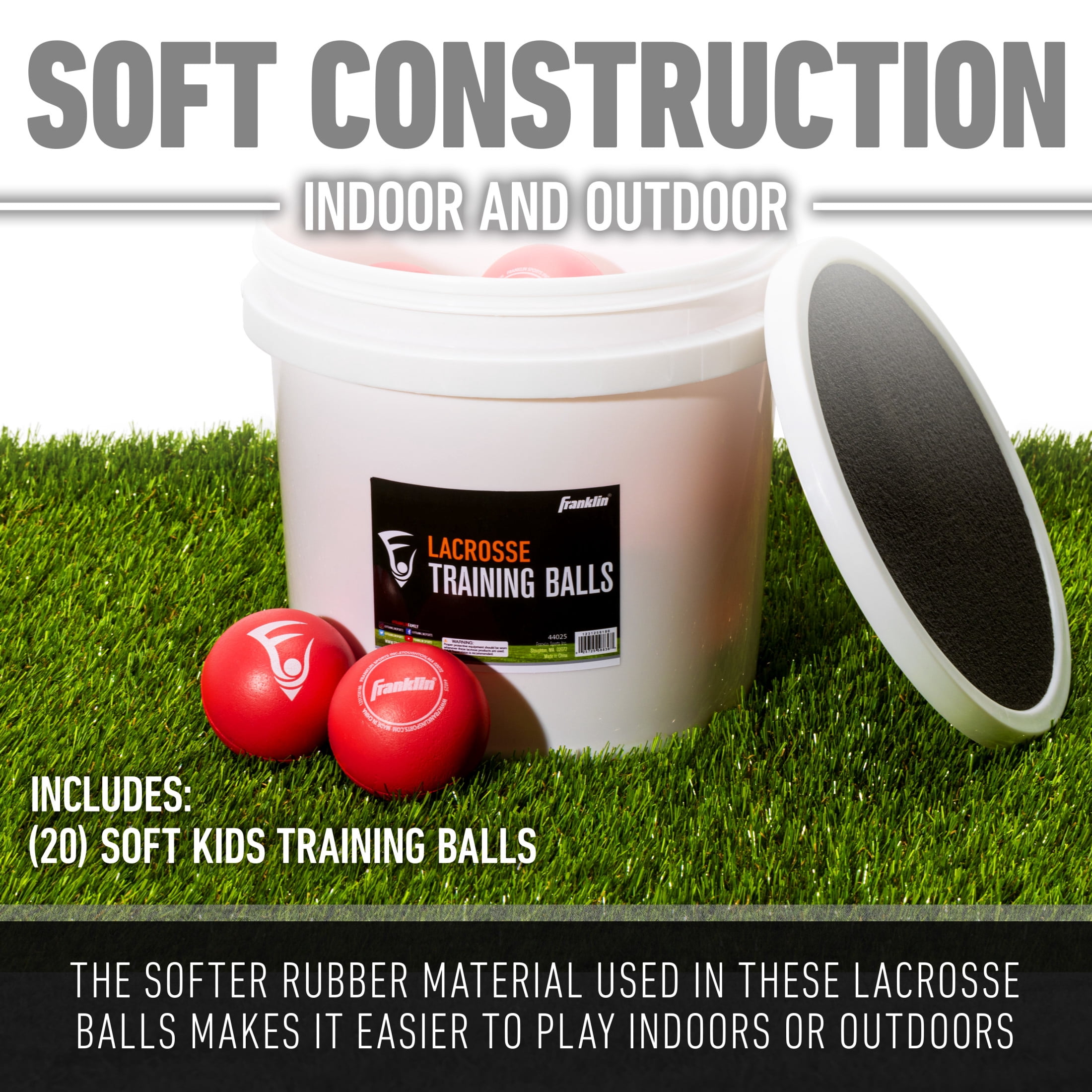 Franklin Sports Soft Training Lacrosse Ball Bucket - (20) Kids Soft Rubber Lacrosse Balls for Indoor + Outdoor Play - Official Size Soft Rubber Lax Balls for Kids + Beginners - Youth Practice Balls