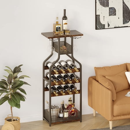 Metal Wine Rack Wine Bottle Holders Stands Freestanding Floor Wine Storage Organizer Display Rack Table Wine Glass Rack for Bar Kitchen Dining Living Room  Small Spaces Rustic Brown