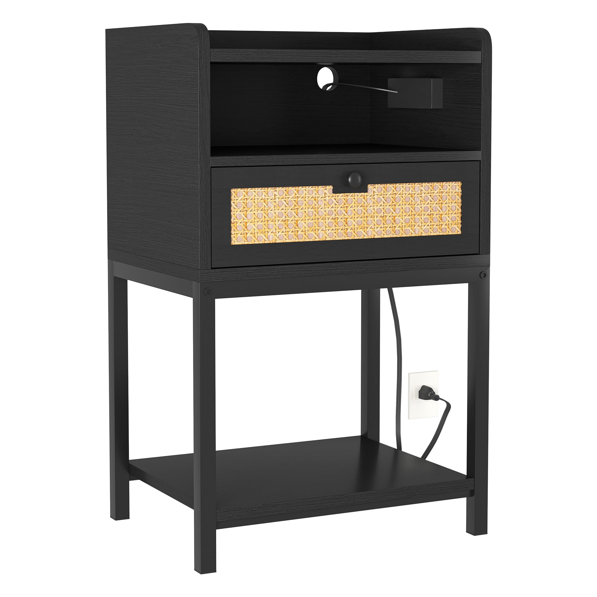 Spaco Nightstand with Charging Station Bed Side Table with Rattan Decoration Drawer Night Stand for Bedroom 3-Tier Storage End Table for Living Room, Black Spaco Nightstand with Charging Station Bed Side Table with Rattan Decoration Drawer Night Stand for Bedroom 3-Tier Storage End Table for Living Room, Black