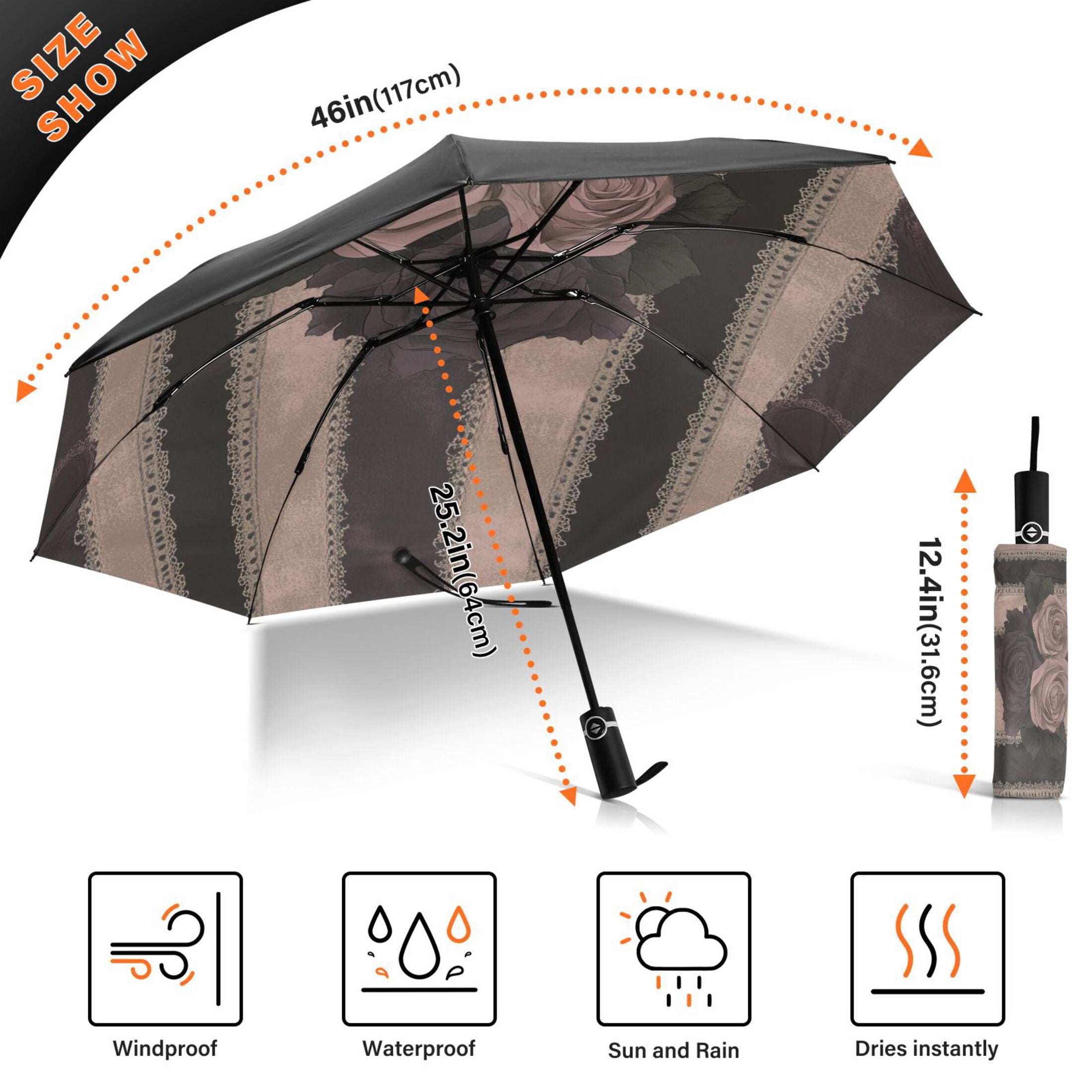 Rose Pattern Extra Large Automatic Umbrella, UV Protection, Waterproof, Auto Open and Close