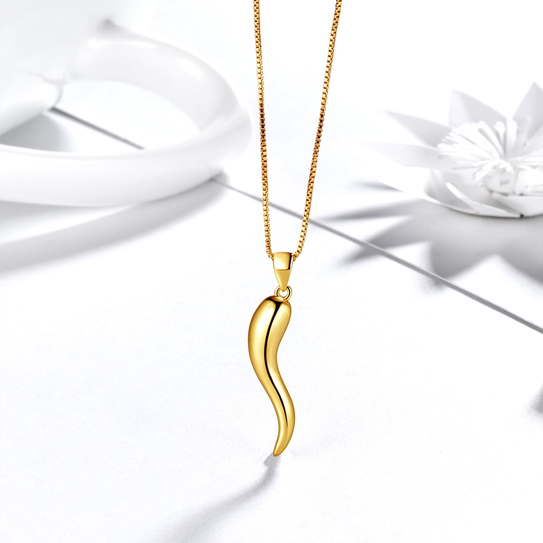 Hipunk 925 Sterling Silver 18K Gold Plated Italian Horn Necklace Cornicello Pendant Necklace Lucky Talisman Amulet Jewelry Women Men Gift