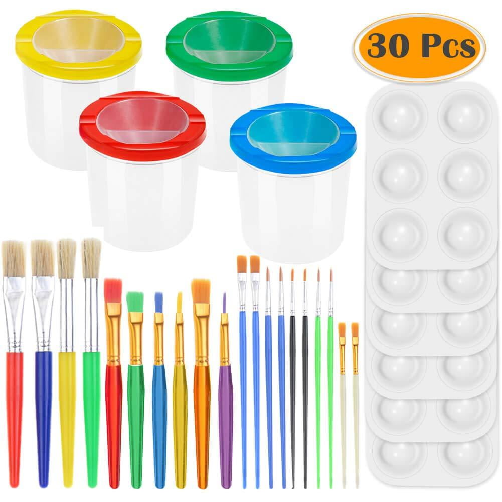 PAXCOO 30 Pcs Paint Cups with Lids No Spill Paint Cups with Paint Brushes and Paint Tray