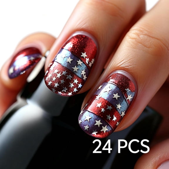 Independence Day Press On Nails, 24PCS American Flag False Nails, Red White Blue Patriotic Wearable Nail Tips, Easy Removable Full Cover Nail Art for Holiday Party
