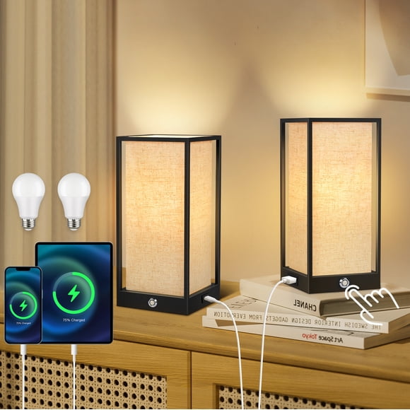 OUTON 11.6" Table Lamp with LED Bulb, 3 Way Dimmable Touch Small Nightstand Lamp with Metal Cage with USB&Type-C Ports, Bulb Included