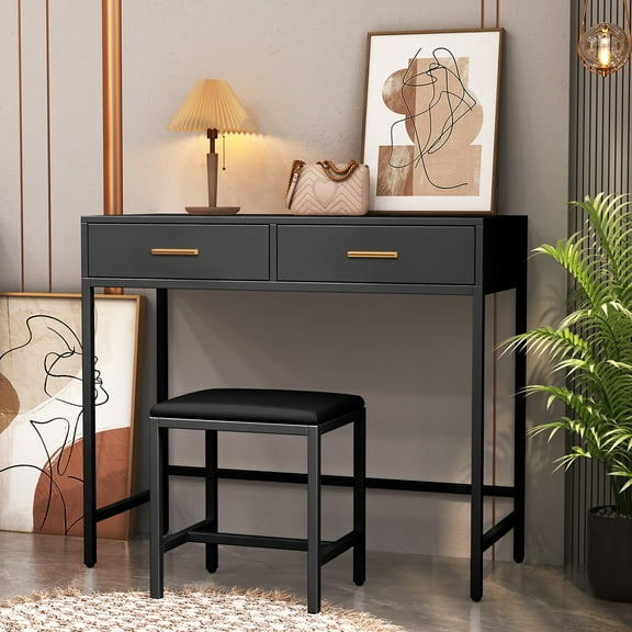 Ciumeeo 35 Inch Home Office Computer Desk Small Table with 2 Drawers and Stool, Black