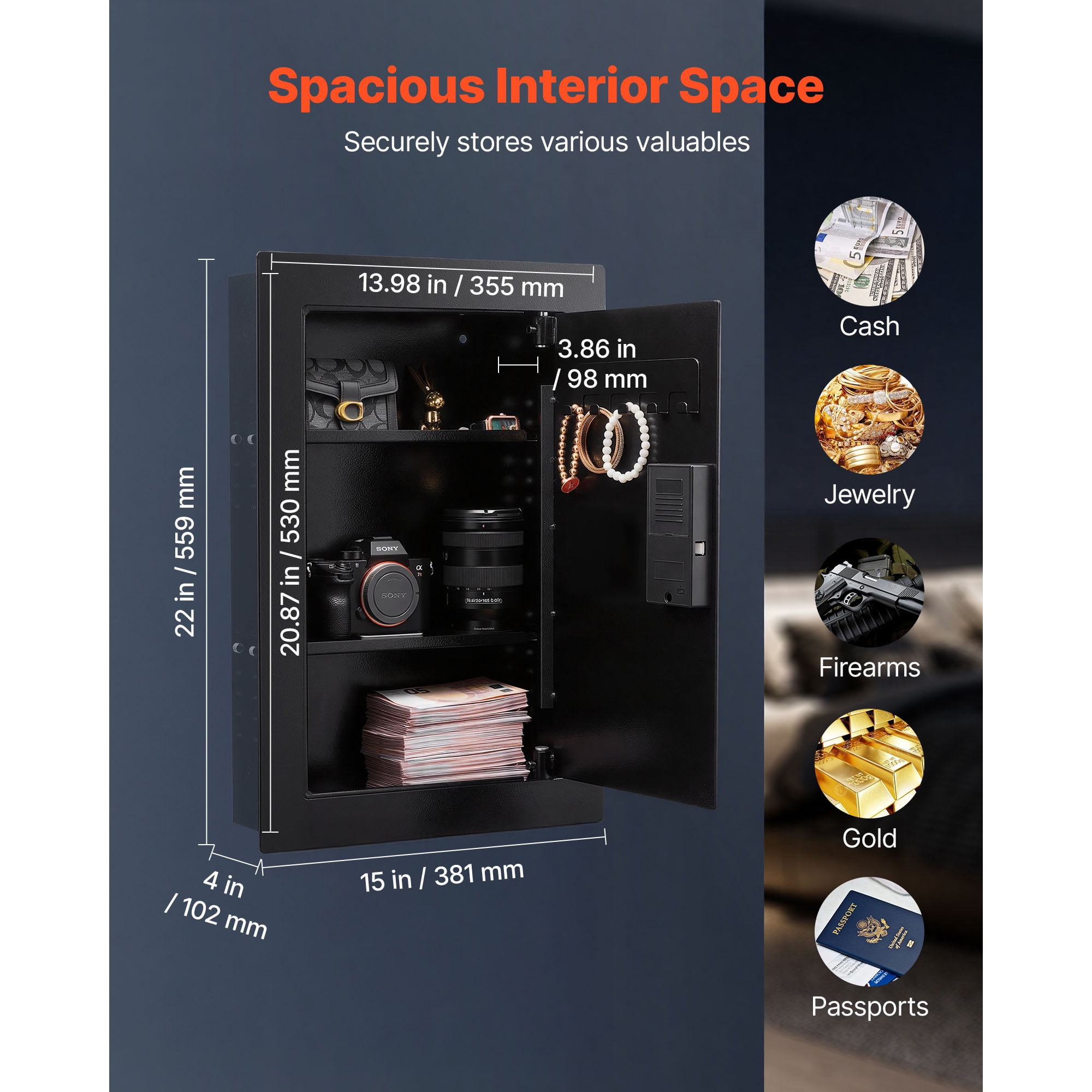 KFFKFF 3-Tier Hidden Wall Safe with Fingerprint Access, Password, Key, and Turning Knob, Durable Steel Construction with Adjustable Shelves and Key Holders for Secure Storage of Valuables