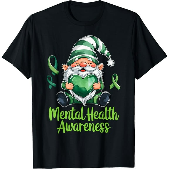 Mental Health Awareness Tee Cute Gnome with Heart and Ribbon T-Shirt Shirts