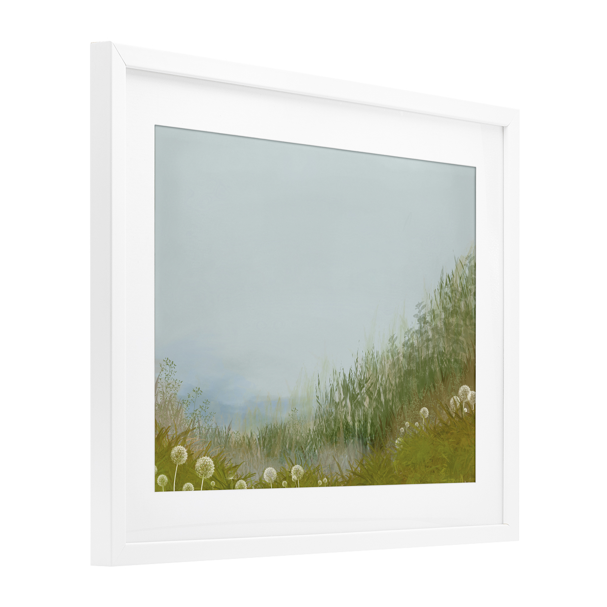 Misty Meadow Hill White Framed Print Under Glass, design by Renel Peters