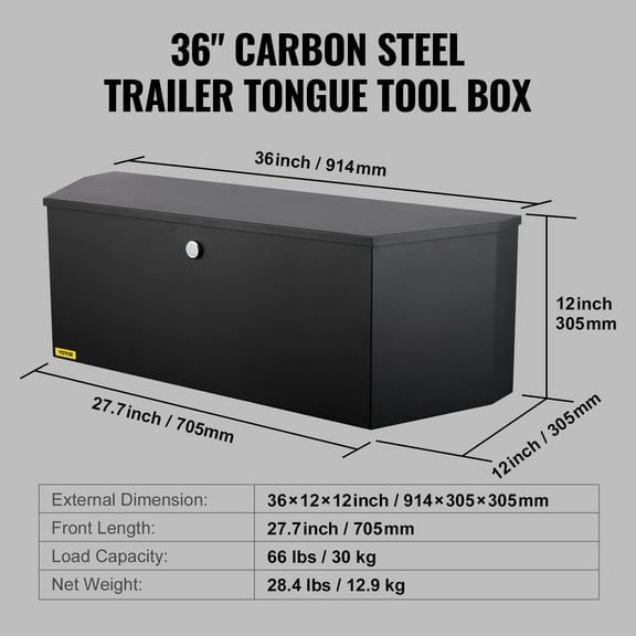 Lockable Trailer Tongue Box, 36"x12"x12" Heavy Duty Carbon Steel Tool Chest for Utility Trailers, Truck Beds, RV Camping