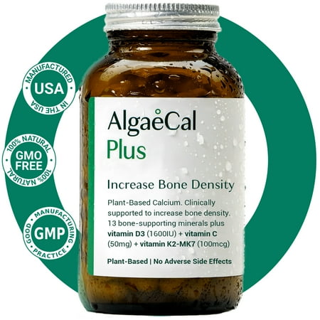 AlgaeCal Plus Plant Based Calcium Supplement with Vitamin D3 & K2 120 Count