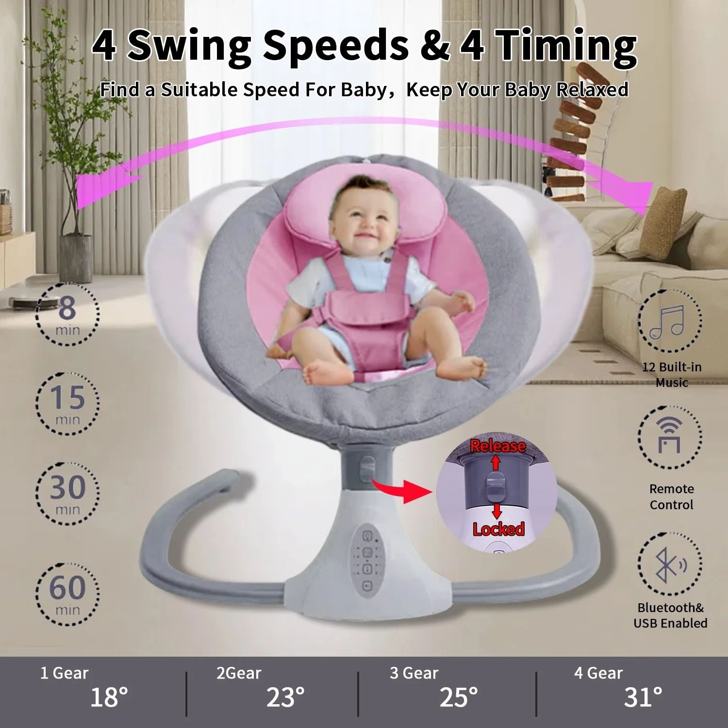 HENG Co. Electric Baby Swing and Rocker, Infant Bouncer Chair Featuring 12 Lullabies, Bluetooth Connectivity, Multiple Speed Settings, 4 Timer Modes, Unisex Design, Pink.