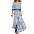 thumbnail image 2 of ClodeEU Women's 2 Piece Outfit ,Off Shoulder Ruffle Top and Striped Maxi Skirt Set with Belt Light Blue,Women's Plus L, 2 of 7