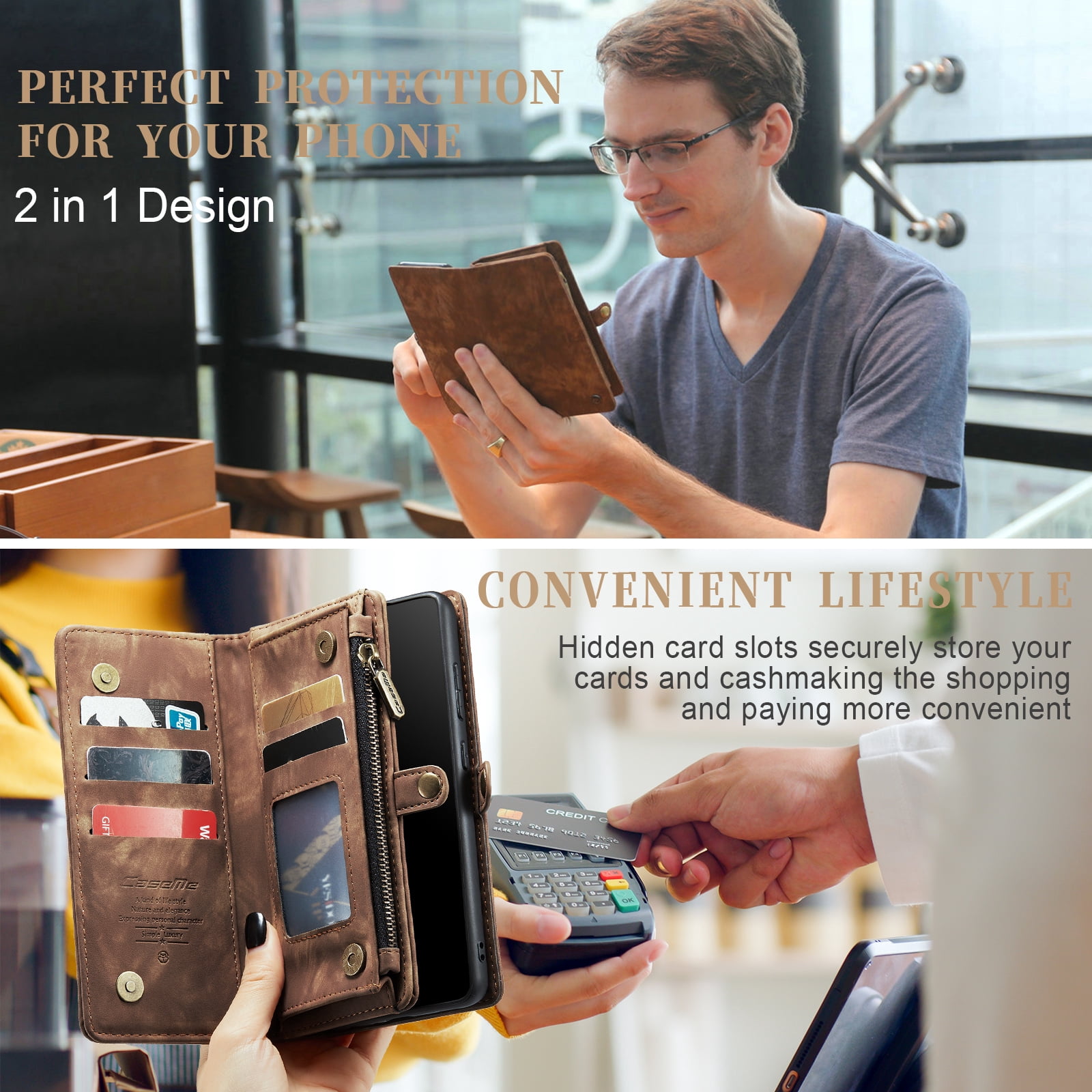 Feishell Durable 2- In-1 Magnetic Detachable Wallet Case for Samsung Galaxy A52 4G/5G,for Women Men,Premium PU Leather Zipper Pocket Flip Multi Card Slots Purse Phone Case with Wrist Strap,Darkbrown