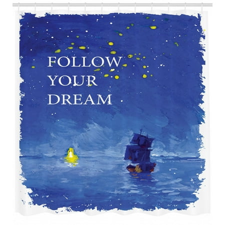 Cobalt Blue Bathroom Sailboat Shower Curtain, Follow Your Dream Text Ship Sailing Across the Sea Towards Lighthouse, Fabric Bathroom Set with Hooks, 69W X 70L Inches, Cobalt Blue and Yellow, by Ambesonne ()