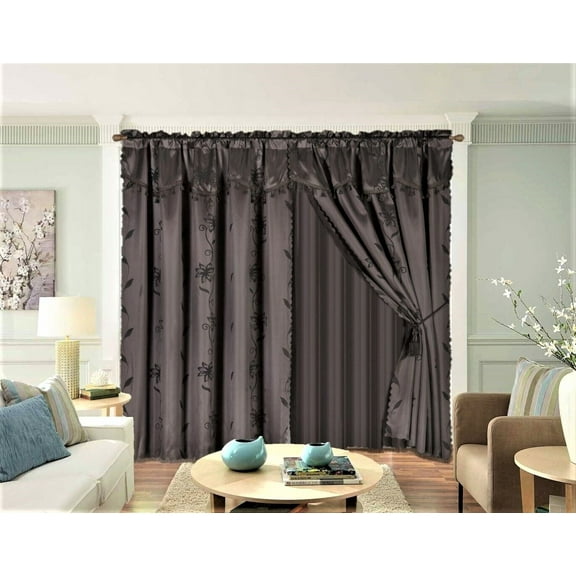 2 Panel Window Curtain Set 120" W X 84" L With Valance And Sheer Backing And 2 Tassels -Faux Silk Shiny Curtain Set - Rod Pocket Drapes Leaf Floral Design Curtain Nada Brown