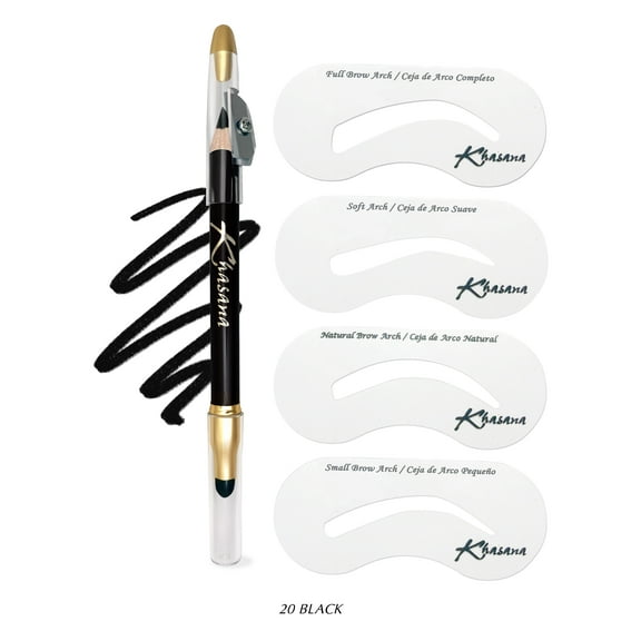 Khasana Brow Shaping Kit Definer, Eyebrow Stamp Stencil Kit with Waterproof Pencil Dual-ended, Brow Creamy Liner with Sharpener and Sponge Applicator #20 Black